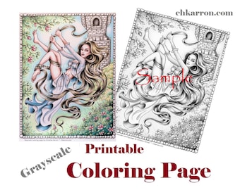 Può includere: Una pagina da colorare stampabile in scala di grigi che presenta una donna con i capelli lunghi legati e appesa a una torre. Indossa un vestito fluido ed è circondata da fiori e viti.