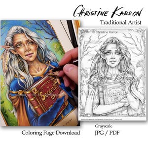 賢い老妖精のグレースケールぬり絵ページファンタジー成熟した女性のフェイスブックイラスト印刷可能なファイルをダウンロード（JPEGとPDF）Christine Karron