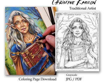 Old Wise Fairy Graustufen Malseite Fantasy reife Frau Gesicht Buch Illustration Download Druckbare Datei (JPEG und PDF) Christine Karron