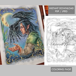 Raven Guide Coloring Page Grayscale Instant Download Printable File (JPEG and PDF)