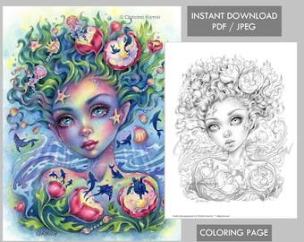 Ocean Eyes Mermaid Coloring Page Grayscale illustration Instant Download Printable File (JPEG and PDF)