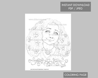 Lucky Clover Christine Karron Kleurplaat Line-Art illustratie Ouder vrouwelijk gezicht Portret Instant Download afdrukbare bestanden (JPEG + PDF)