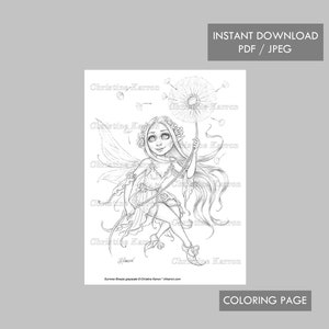 Summer Breeze Coloring Page Grayscale Fairy Wings Fantasy Dandelion Flower Instant Download Printable File (JPEG and PDF) Christine Karron