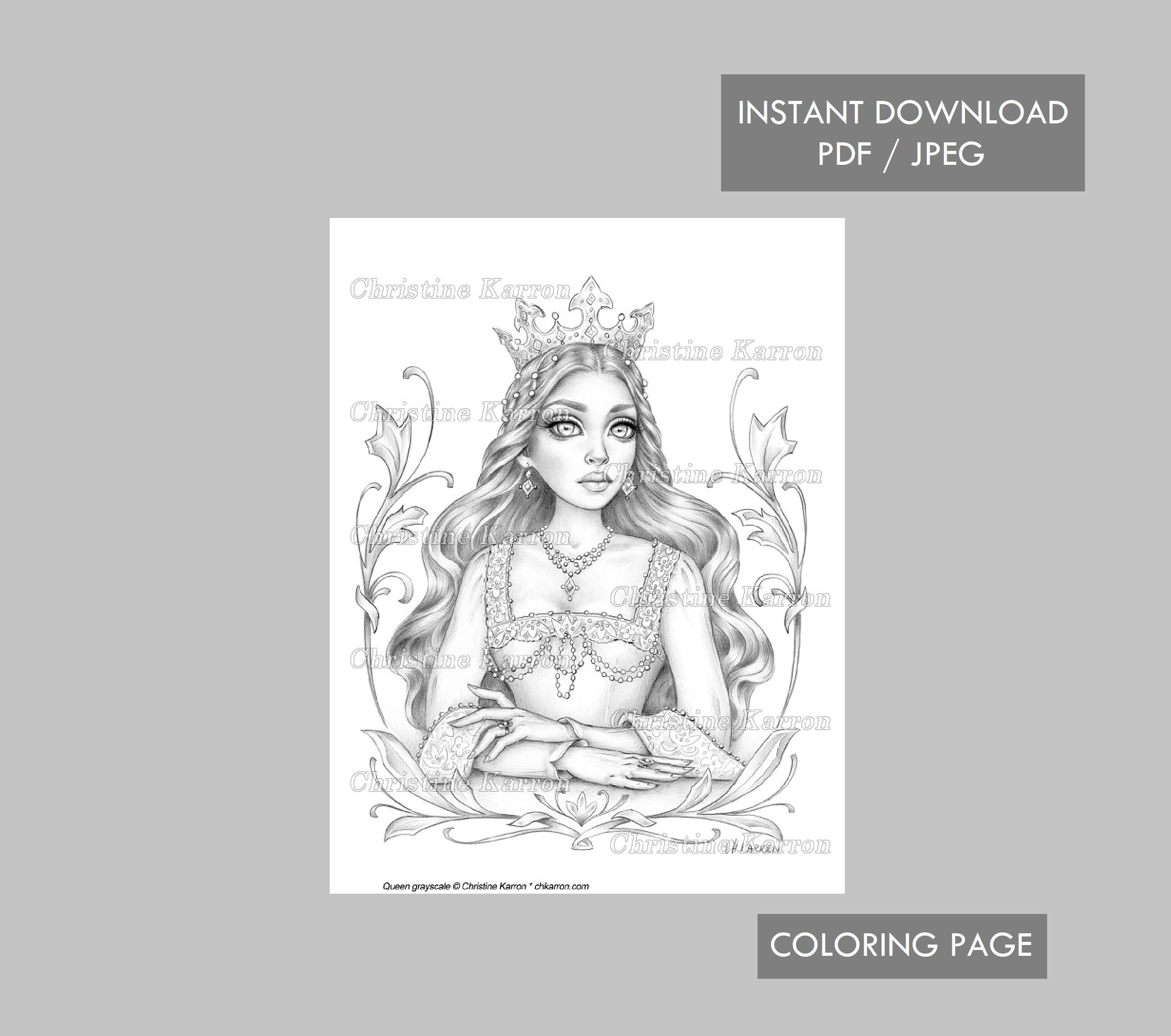 Queen Coloring Page Grayscale illustration Beautiful Female Woman Dre…
