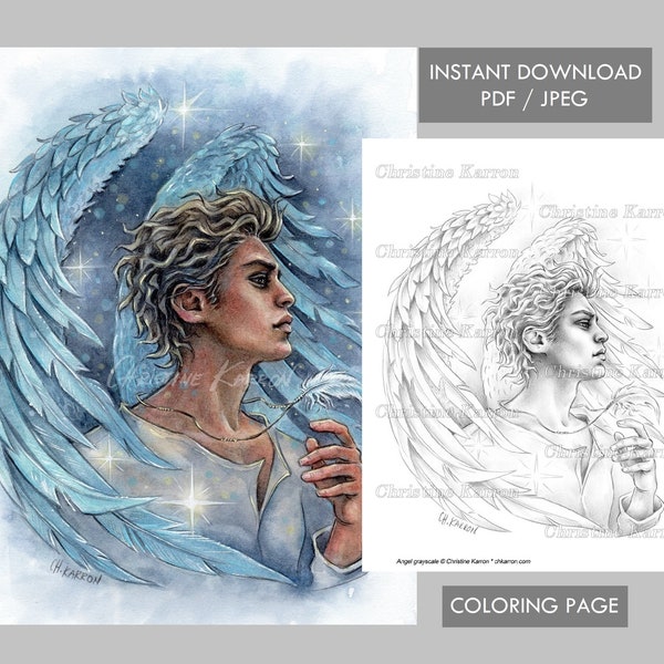 Angel Coloring Page GRAYSCALE Male Face Wings Feather Celestial illustration Instant Download Printable File (JPEG and PDF) Christine Karron