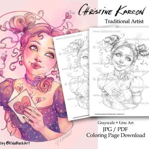 Love Struck Christine Karron Kleurplaat grijstinten illustratie vrouwelijk portret liefdesbrief Instant Download afdrukbare bestanden (JPEG + PDF)