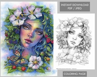 Wildberry Bloom Página para colorear Ilustración en escala de grises Descarga instantánea de archivos imprimibles (JPEG y PDF)