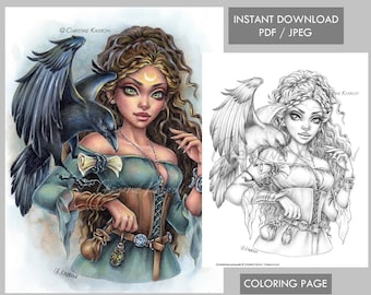 Enchantress Coloring Page GRAYSCALE sorceress raven fairy fae illustration Instant Download Printable File (JPEG and PDF) Christine Karron