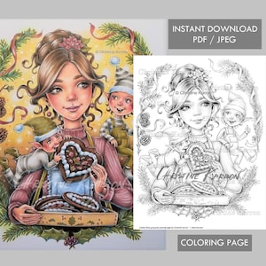 May include: A coloring page featuring a woman with brown hair and a pink dress holding a heart-shaped cookie. Two elves are sitting on her shoulders. The background is decorated with Christmas greenery and ornaments. The text "Christine Karron" is visible in the image.
