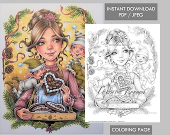 Cookie Elves Grayscale Coloring Page illustration Winter Christmas cute elf ginger bread girl Instant Download Printable File (JPEG and PDF)