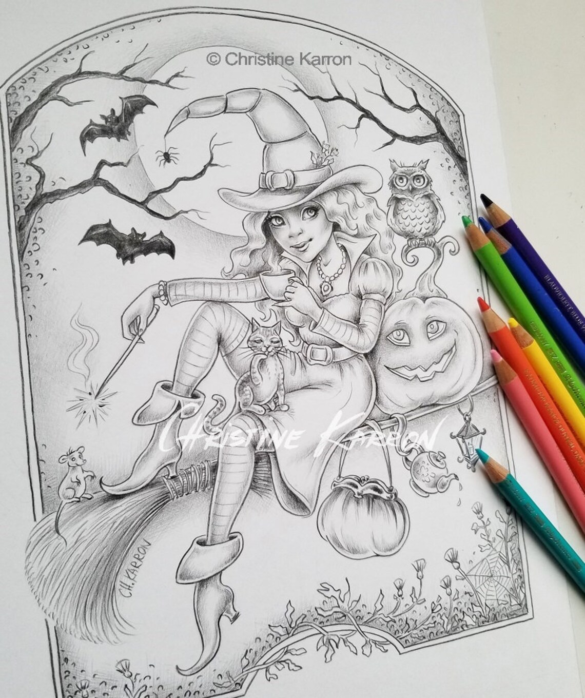 Grayscale Coloring Page Halloween Tea Party Witch - Etsy