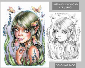 Puede incluir: Una página para colorear con una ilustración caprichosa de un hada con cabello verde y orejas puntiagudas. Está rodeada de flores y pájaros, y tiene una expresión suave en su rostro. La imagen está en blanco y negro, lista para ser coloreada.