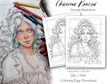 Embellished in Stardew Christine Karron Coloring Page Female Portrait Grayscale illustration Instant Download Printable Files (JPG+PDF)