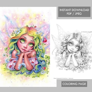 Fairy Girl Cute Face Dreamy Fae Coloring Page Grayscale Instant Download Printable File (JPEG and PDF)