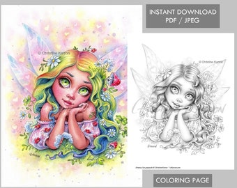 Fairy Girl Cute Face Dreamy Fae Coloring Page Grayscale Instant Download Printable File (JPEG and PDF)