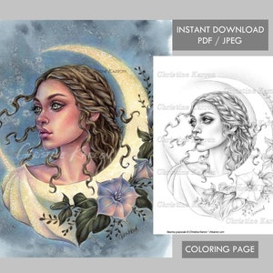 Neoma Coloring Page Grayscale illustration Fairy Fae Moon Flowers Female Instant Download Printable File (JPEG and PDF) Christine Karron