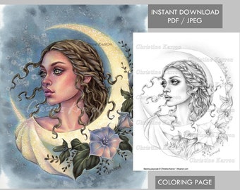 Neoma Coloring Page Grayscale illustration Fairy Fae Moon Flowers Female Instant Download Printable File (JPEG and PDF) Christine Karron