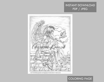 Over The Rooftops Angel Grayscale Coloring Page Instant Download Printable File (JPEG and PDF)