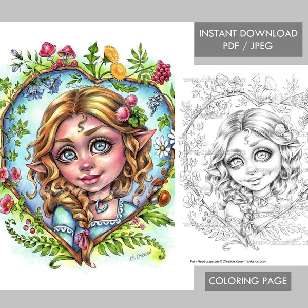 Fairy Heart Coloring Page Grayscale illustration Girl Portrait Wildflowers Instant Download Printable File (JPEG and PDF) Christine Karron