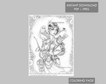 Steampunk Huntress Grayscale Coloring Page Instant Download Printable File (JPEG and PDF)