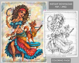 Gypsy Girls Grayscale Coloring Page Fairytale Kitty Cat Dancing Woman Dress Instant Download Printable File (JPEG and PDF) Christine Karron