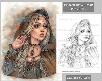 Amber Coloring Page illustration en niveaux de gris Fae Hood femme princesse Portrait Téléchargement instantané fichier imprimable (JPEG et PDF) Christine Karron