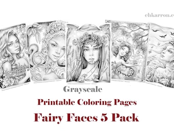 Set of 5 GRAYSCALE coloring pages - Fairy Faces 5 Pack Instant Download Printable Files