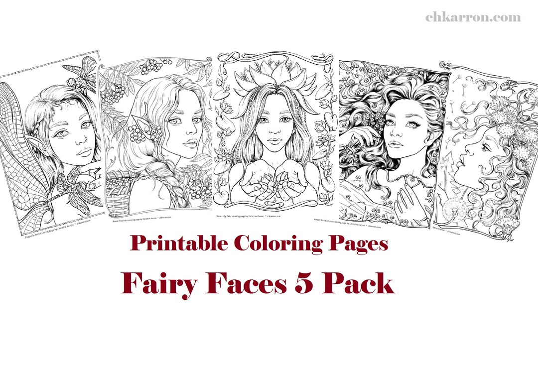 Set of 5 Coloring Pages Fairy Faces 5 Pack Instant Download - Etsy