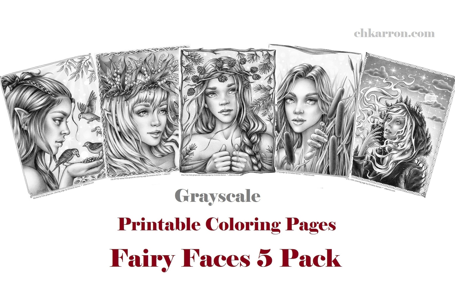 Set of 5 GRAYSCALE Coloring Pages Fairy Faces 5 Pack Instant | Etsy Canada
