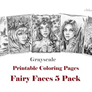 Set of 5 GRAYSCALE coloring pages - Fairy Faces 5 Pack Instant Download Printable Files