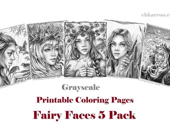 Set of 5 GRAYSCALE coloring pages - Fairy Faces 5 Pack Instant Download Printable Files