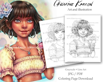 Página para colorear "Las alegrías del verano" Ilustración en escala de grises y dibujo lineal: Chica con helado. Descarga instantánea de archivos imprimibles (JPEG+PDF). Christine Karron