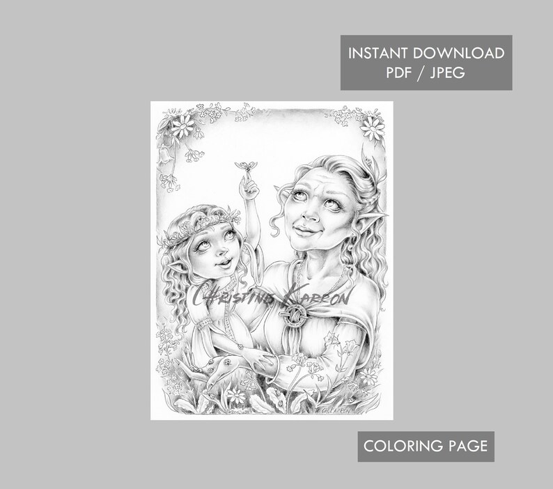 Download Fairy Grandmother with Granddaughter Coloring Page Grayscale | Etsy