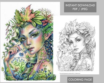 Forest Sprite - Coloring Page Grayscale Instant Download Printable File (JPEG and PDF)