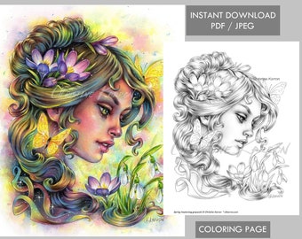Spring Awakening Fairy - Coloring Page Grayscale Instant Download Printable File (JPEG and PDF)