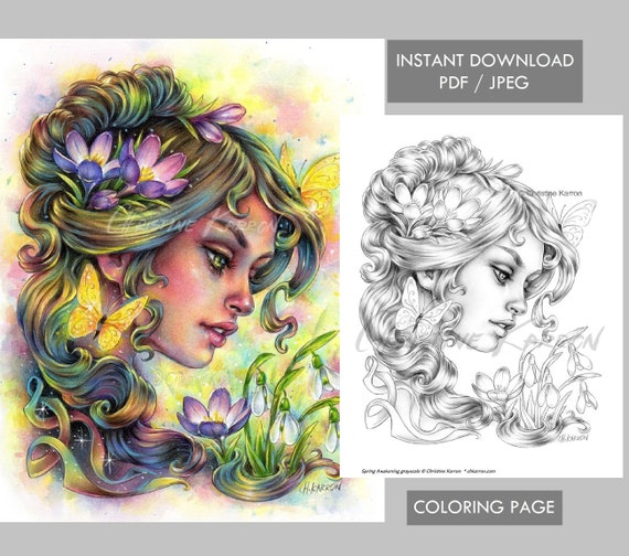 JPEG and PDF Spring Wind Fairy Coloring Page Line-art illustration Instant Download Printable File