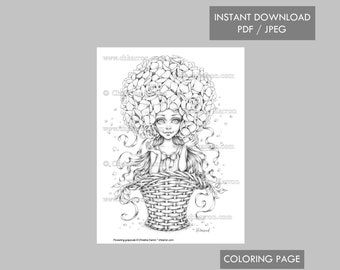 Flowerling Coloring Page Grayscale illustration Fairy Elf Fae Garden Basket Instant Download Printable File (JPEG and PDF) Christine Karron