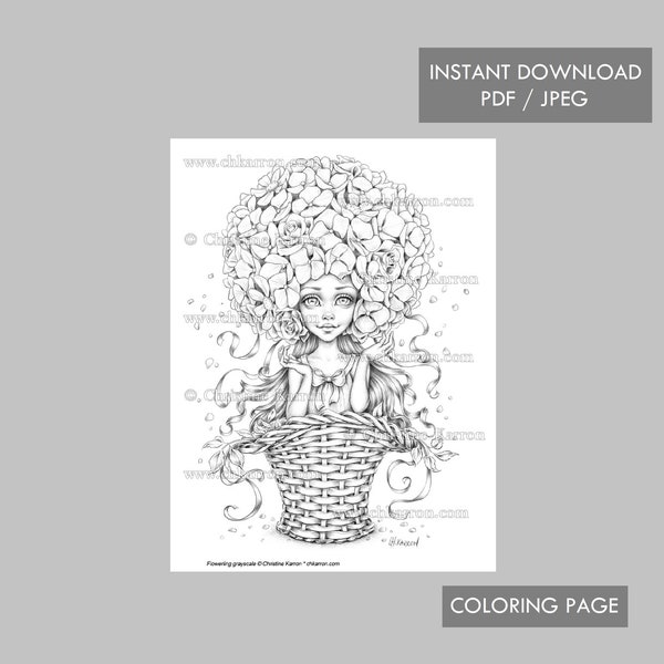 Flowerling Coloring Page Grayscale illustration Fairy Elf Fae Garden Basket Instant Download Printable File (JPEG and PDF) Christine Karron