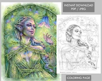 Bellz Coloring Page Grayscale illustration Female Fairy Elf Flower Portrait Instant Download Printable File (JPEG and PDF) Christine Karron