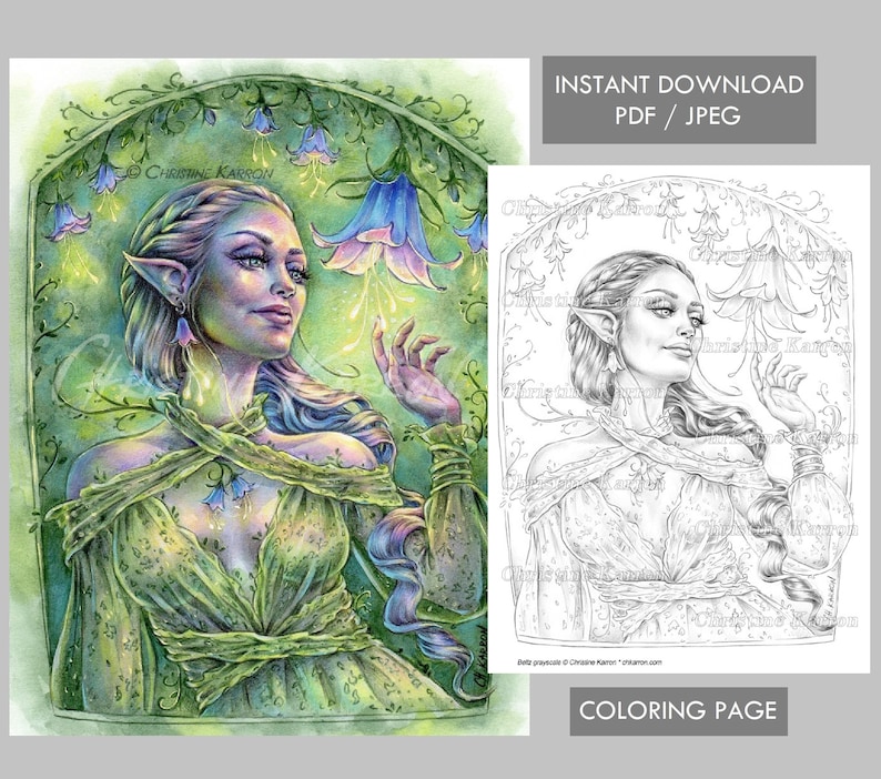 Bellz Coloring Page Grayscale illustration Female Fairy Elf Flower Portrait Instant Download Printable File JPEG and PDF Christine Karron image 1