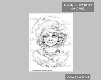 Sweet Maple Coloring Page Grayscale illustration Old Forest Spirit Woman Instant Download Printable File (JPEG and PDF) Christine Karron