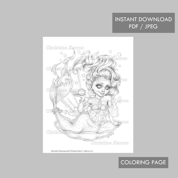 Mermaid's Pearl Coloring Page Grayscale illustration Cute Fantasy Seashell Instant Download Printable File (JPEG and PDF) Christine Karron