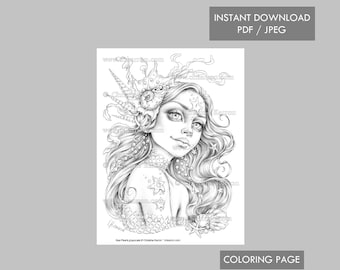 Sea Pearls Mermaid Coloring Page Illustration en niveaux de gris Portrait Seashell Téléchargement instantané Fichier imprimable (JPEG et PDF) Christine Karron