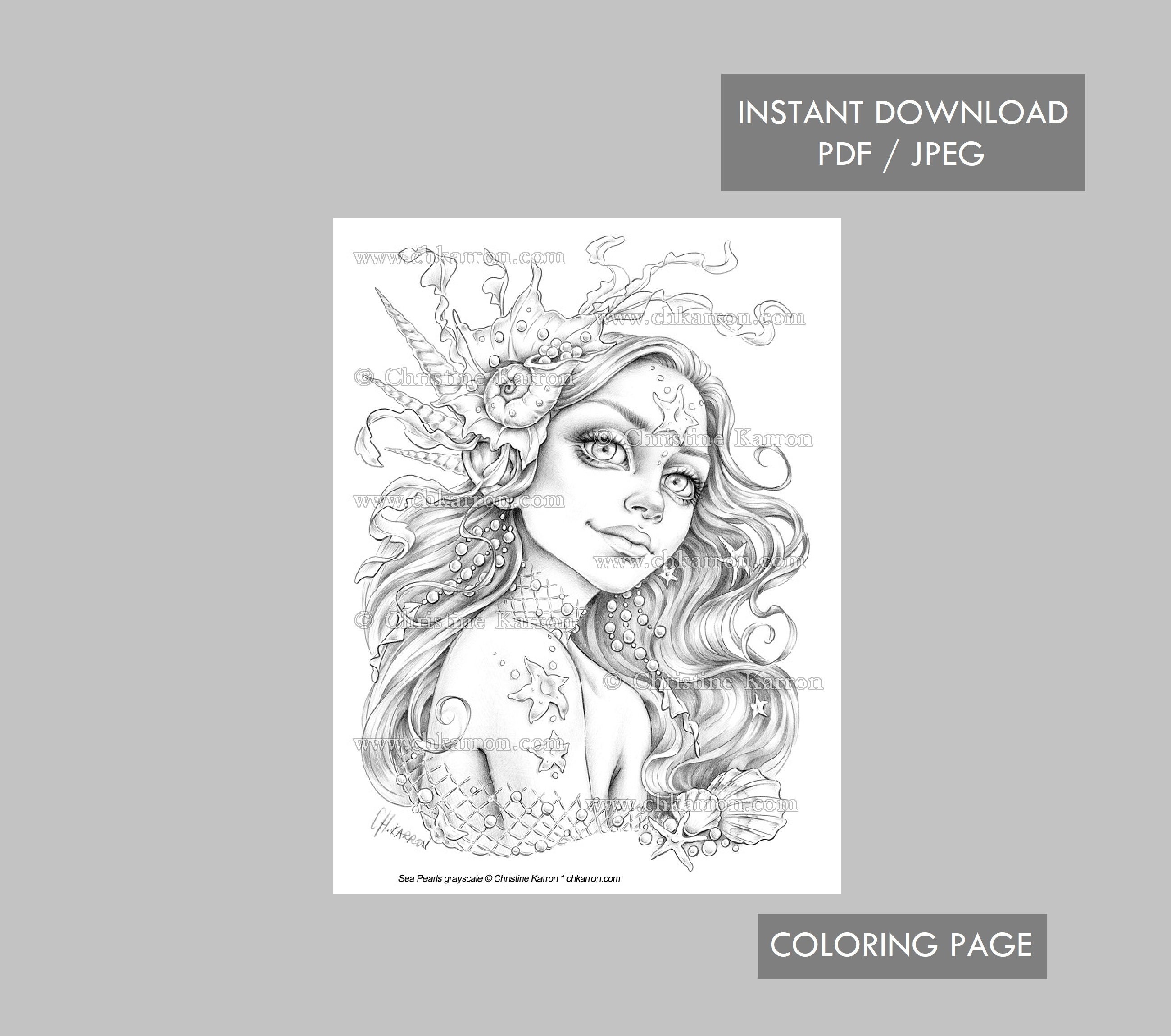 Sea Pearls Mermaid Coloring Page Grayscale illustration Portrait Seashell Instant Download Printable File (JPEG and PDF) Christine Karron