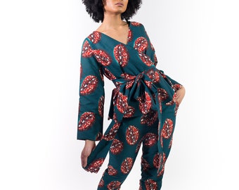 Chi African Print belted peplum blouse Green & Red