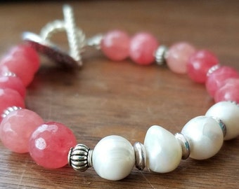 Coral stone and Fresh Water Pearl Bracelet with silver charm