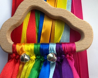 Rainbow Wooden Sensory Ribbon Ring With Bells Baby Toy Baby Shower Gift Girl Boy 