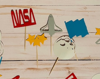 NASA birthday party themed Cupcake toppers appetizer picks Houston we have a party rocket ship the moon stars NASA flag