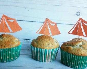 Orange tent camping birthday party cupcake topper/ baby shower/hiking/woodland/outdoors/tribal
