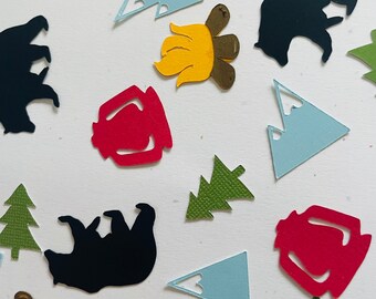 Mountains and bears oh my! Mix lumberjack style mountains table top birthday party confetti/ woodland/ camping/hiking/birthday/bridal/baby/